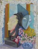 Marie Vassilieff, Still Life with Masks in a Window, 1946, Gouache and silver colour over pencil on card