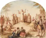 Adolf Friedrich Teichs, Sermon in a Landscape, Watercolour on paper