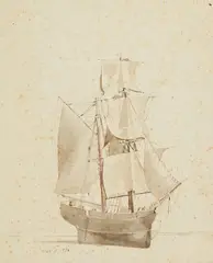 Friedrich Nerly, A Sailing Ship on the Water, Pencil, brown ink and wash, watercolours