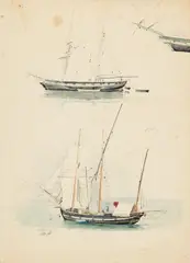 Friedrich Nerly, Studies of Ships, Pencil, brown ink, and watercolour