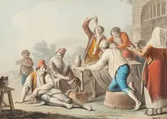 Saverio della Gatta, Eating Spaghetti Outdoors Priests on a Walk, Watercolour on paper, mounted on card