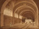 attributed to Viktor Heideloff, Figures in a Vaulted Hall, Brown ink and watercolour on laid paper