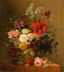 Arnoldus Bloemers, Flower Still Life with a Bird's Nest, Oil on canvas (relined)