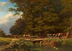 August Bromeis, Wooded Landscape with Cattle by a Bridge, Oil on canvas