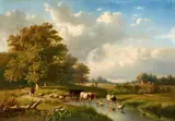 A Shepherd with Cows, Sheep, and Goats by a Lake by Eugène-Joseph Verboeckhoven Louis Pierre Verwée, Oil on panel (parquetted), sold Nov 2018