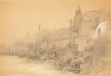 Andreas Achenbach, Coastal Landscape with a Town, Pencil on paper mounted on card