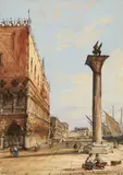 Carlo Grubacs, View of the Riva degli Schiavoni seen from the Piazzetta, Gouache on laid paper