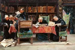 José Gallegos y Arnosa, In the Library, Oil on panel