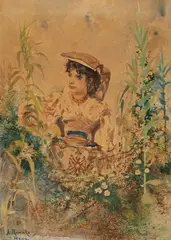 Anton Romako, Young Roman Lady in a Garden, Watercolour on laid paper
