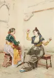 Nazzareno Cipriani, Two Ladies Making Music, Watercolour on paper
