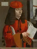 Portrait of a Gentleman in a Red Coat Holding a Lute and a Letter by Milanese School, late 15th century, Oil on panel (parquetted), offered Nov 2018
