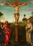 Tuscan School circa 1500, Crucifixion Scene with John the Baptist and Saint Francis, Oil on panel