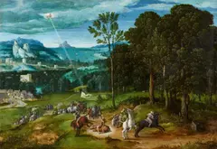 Master of the Female Halflengths, Panoramic Landscape with the Conversion of Saint Paul, Oil on panel (parquetted)