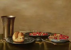 Floris van Schooten, Still Life upon a Dark Green Cloth with a Silver Cup, two Pewter Plates with Bread and Strawberries, a Wanli Porcelain Dish of Cherries and a Delicate Wine Glass à la façon de Venise, Oil on panel