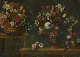Still Life with a Basket of Flowers and One Large and One Smaller Vase by Master of the grotesque vase, Oil on canvas, offered Nov 2018