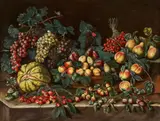 Agostino Verrocchi, Still Life with Grapes, Honeydew Melon, Peaches, Plums, Tree Strawberries, and Strawberries, Oil on canvas (relined)