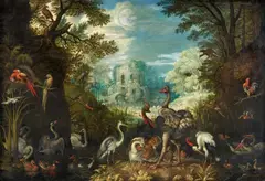 Roelant Savery, Landscape with a Tower and Bridge with Waterbirds in the Foreground, Oil on canvas (relined)