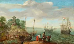 Beach Scene with Fishermen and Dutch Ships by Adam Willaerts, Oil on panel (parquetted), sold Nov 2018
