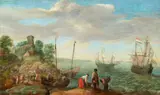 Adam Willaerts, Beach Scene with Fishermen and Dutch Ships, Oil on panel (parquetted)