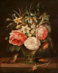 Peter Binoit, Flower Still Life in a Glass Vase with a Bird, Oil on panel