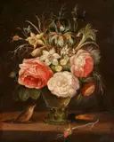 Peter Binoit, Flower Still Life in a Glass Vase with a Bird, Oil on panel