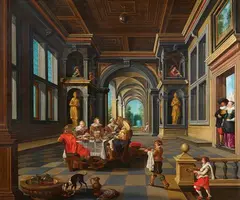 Dirck van Delen, Palace Interior with the Parable of the Rich Man and Poor Lazarus, Oil on panel
