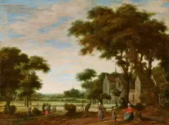 Adriaen van Stalbemt, Figures in a Landscape with a Church, Oil on panel