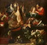Large Still Life with a Couple, Game, Vegetables, Fruit, a Monkey, and a Parrot by studio of Frans Snyders, Oil on canvas (relined), sold Nov 2018