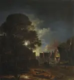 Aert van der Neer, Village Street by Moonlight, Oil on canvas