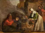 Jan van der Venne, Figures Preparing a Meal amid Ruins, Oil on canvas, mounted on panel