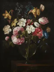 Juan de Arellano, A Still Life with Daffodils, Narcissi, Hollyhocks, and Hyacinths in a Glass Vase on a Stone Ledge, Oil on canvas