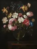 Juan de Arellano, A Still Life with Daffodils, Narcissi, Hollyhocks, and Hyacinths in a Glass Vase on a Stone Ledge, Oil on canvas