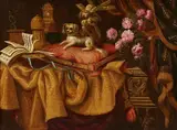 Antonio Tibaldi, Still Life with Silver, Sweetmeats, Roses, a Guitar, and a Dog on a Table, Oil on canvas (relined)