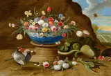 Pseudo-Jan van Kessel the Younger, Still Life with Flowers, Vegetables, and Hen, Oil on copper