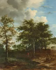 Jacob van Ruisdael, Landscape with Tall Trees, a Fisherman, and Shepherds, Oil on canvas (relined)