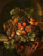 Ernst Stuven, Still Life with Peaches, Apricots, Grapes, and Nuts in a Niche, Oil on canvas (relined)