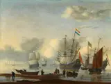 called Zeeman Reinier Nooms, Ships on Calm Seas by a Headland, Oil on canvas (relined)