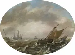 Justus de Verwer, Coastal Scene with Sailing Ships in Rough Seas, Oil on panel