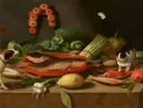 Pseudo-Jan van Kessel the Younger, Still Life with Carp in a Terracotta Dish, Oysters, Asparagus, Cabbage, Onions, and a Dog and Cat, Oil on copper