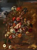 Carel de Vogelaer, Floral Still Life in a Park Landscape, Oil on canvas (relined)