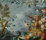 French School early 18th century, Still Life in a Panoramic Landscape, Oil on canvas (relined)