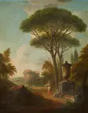 attributed to Paolo Anesi, Southern Landscape with Ruins and Pines, Oil on canvas (relined)