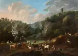 Cajetan Roos, Herd of Cattle and a Fisherman at a Mountain Lake, Oil on canvas (relined)