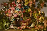 Francesco Malagoli, Still Life with Fruit, Flowers, and two Orioles, Oil on canvas (relined)