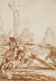 Venetian School 17th century, The Erection of the Cross, Brown ink and wash on textured paper mounted on another sheet