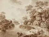 Netherlandish School 18th century, Landscape with a Wooden Bridge and Travellers, Grey ink and was