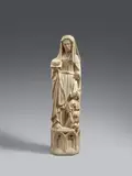 Westphalia circa 1480 & 1490, A Westphalian sandstone figure of Saint Elisabeth, circa 1480/90, Carved three-quarters in the round. The reverse flattened to the height of the shoulders and with a rectangular hollow, the veil only summarily rendered. Minimal remains of former polychromy. This fine quality work is probably carved from Baumberg sandstone and depicts a full-length figure of Saint Elisabeth standing on a facetted plinth, designed for a slightly lowered viewpoint. She stands in a gently swaying pose with her right foot extended holding her attribute, a crown resting on a book, in her right hand, whilst another of her attributes, a beggar man, kneels at her feet and looks up. The composition and style of the work bring it into connection with a group of five sculptures from the Dominican Church in Osnabrück which formerly decorated the rood screen and have been located to a workshop in Münster active in the time around 1480 – 1490. We would like to thank Professor Hartmut Krohm in Berlin for bringing these similarities to our attention. The left hand of Elisabeth lacking. The right hands of Elisabeth and the beggar broken. Minimal wear