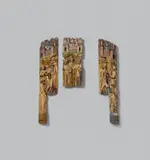 Probably Antwerp circa 1520 & 1530, Three reliefs from a Crucifixion scene, probably Antwerp, circa 1520/1530, Wooden reliefs carved from a single block, the backs flattened. With partially overpainted uniform older polychromy. These three high relief depictions are probably fragments of a larger crucifixion scene which would have formed the central panel of an altarpiece. The figures stand in a rocky landscape bordered to the upper section by the outline of the city of Jerusalem. In the two large outer sections, prophets and a praying woman gesture towards the missing middle section which would originally have contained a depiction of the crucifixion of Christ. The gestures of the soldiers indicate that the smaller relief would have been placed to the left of the cross. The rectangular hollow in the lower edge of the relief corresponds to the characteristic stepped composition of Antwerp altars in the first half of the 16th century in which the central panel is raised above those of the wings by reliefs below it. Four of the hands and the object held in the left hand of the man on the outer right. Wear with minor losses. 112 x 25 x 7, 64 x 25 x 7 and
