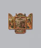 Swiss School circa 1560, Hinged Altarpiece with the Crucifixion, Swiss School, circa 1560, The middle section carved from wood, the reverse flattened, with uniformly applied older polychromy. The wings oil on panel.. When opened, the altarpiece depicts a central image of the Crucifixion of Christ surrounded by numerous onlookers and with God the Father presiding above flanked by two angels. The predella depicts the entombment bracketed by two angels holding the instruments of the passion. The interiors of the side panels are painted with scenes of the nativity and the adoration of the magi beneath the donor’s coat-of-arms, and the exteriors with depictions of the annunciation and the flight into Egypt. The latter subject is inscribed with the artist’s monogram “CH”. The author of this enchanting domestic altar made in Switzerland or Solothurn can thus likely be identified as Caspar Härtli, a manuscript and panel painter active in St. Gallen in around 1560. Wear with minor losses and insect damage