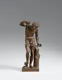 Northern Italy circa 1600, Satyr with a Krupezion, Bronze, cast in the round, chased and patinated. A standing figure of a naked satyr beside a treestump on a square base. He bends forward as if in a dance, in his hands he holds two cymbals, and he stamps his right foot on a krupezion (a pedal-like musical instrument). After the Roman imperial era marble statue housed in the Uffizi in Florence (inv. no. 220). Two losses to the right forearm and a crack to the right side of the plinth, each with replacements. Minimal wear